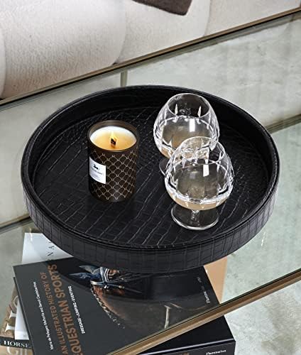 HofferRuffer Faux Leather Round Serving Tray, Vegan Croco Leather Decorative Tray, Food Tray for Storage Drinks, Snack &