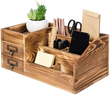 Liry Products Rustic Wooden Desktop Organizer Office Supplies Brown Tabletop Storage Cabinet Stepped Rack Multiple Compartments 2 Tier Drawers Makeup Accessory Jewelry Sorter Display Box Home Office