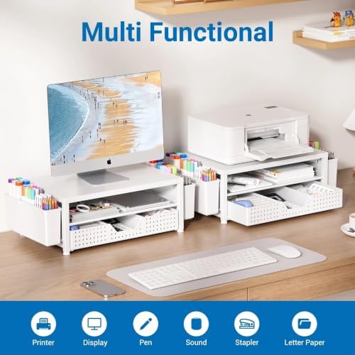 OPNICE Desk Organizers and Accessories, Computer Monitor Stand Riser with Drawer and 2 Pen Holders, Printer & Laptop Sta