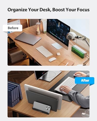 AboveTEK Vertical Laptop Stand Holder, 3 Slots Aluminum Desk Stand with Adjustable Dock Size for Tablet, MacBook, Phone 