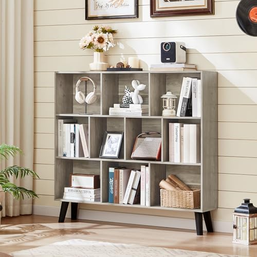 LEYAOYAO 10 Cube Bookshelf,Mid-Century Modern Bookcase with Legs,Retro Grey