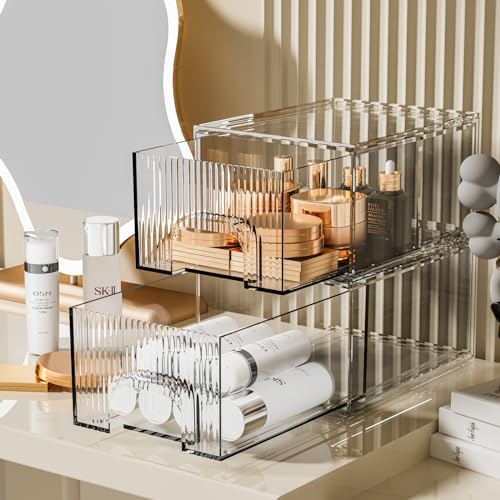 ZHIAI 2 Pack Clear Stackable Cosmetic Organizer, Acrylic Drawer, Plastic Organizer for Dresser, Vanity, Kitchen Cabinet,