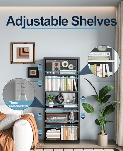 5-Tier Tall Book Shelf, Metal Bookcase with Adjustable Shelves