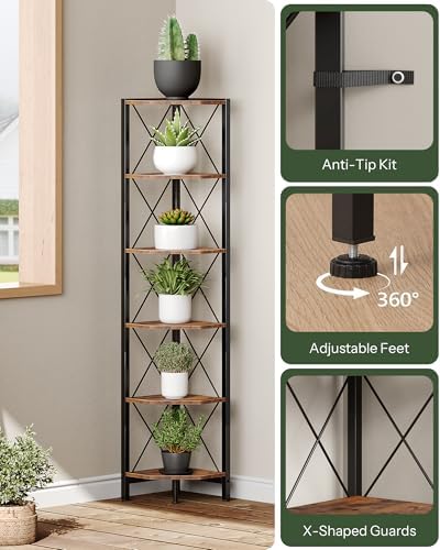 CHOEZON 6-Tier Corner Shelf, Corner Bookcase, 66.9" Tall Vertical Display Rack, Plant Stand, Open Storage Shelf, for Liv