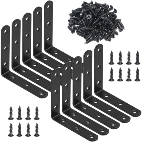 10 Pcs Black L Bracket 4 Inch Stainless Steel Corner Braces, 100x100mm Heavy Duty Shelf Bracket for Wood, Shelves, 90 De