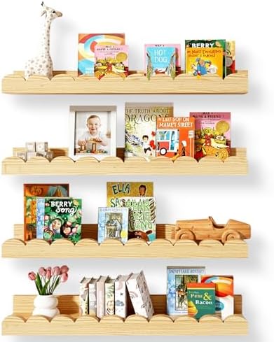 Nursery Floating Shelves for Kids Room, 4 Pack 15.7 Inch Natural Wood Wall Shelves with Scalloped Edge, Kids Bookshelves for Toddler Bedroom, Playroom, Baby Nursery Decor