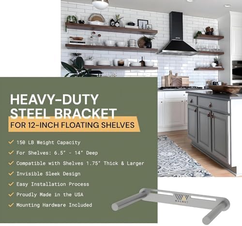 Floating Shelf Bracket - 12” Hidden Shelf Brackets, 150 LB Weight Capacity, Supports Wall Mounted Floating Shelves of An