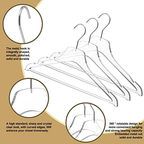 Quality Acrylic Clear Lucite Hangers 5-Pack with Bar Chrome Hooks for Clothes, Pants, Suit Jackets, Coats, and Shirts, Closet and Wardrobe Organization (Chrome/Gloss Silver Hook, 5)
