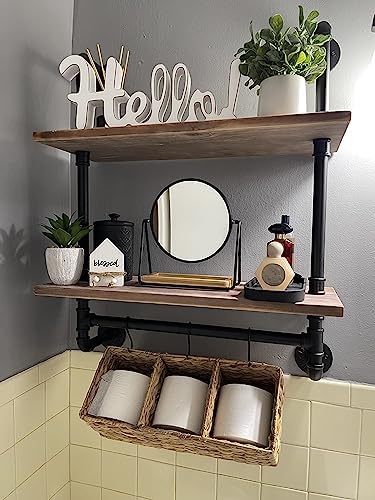 ROGMARS Solid Wood Industrial Pipe Floating Shelves Bathroom Pipe Shelving