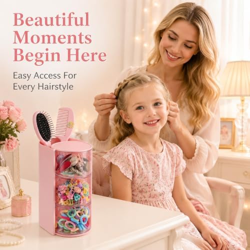Azurphoric Hair Accessories Organizer with Hair Brush Holder(Pink, 3-Layer)
