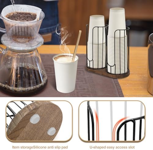 2-Compartment 18oz Coffee Cup Dispenser Rack with Wood Base, Disposable Cup, and Lid Organizer for Countertop - Perfect 