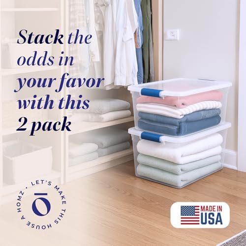 HOMZ Clear Plastic Storage Bins w/Latching Lid, 66 Qt, Blue Latch, 2 Pack