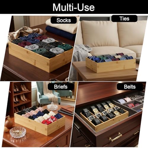 Bamboo Belt Organizer for Closet, Tie Storage Organizer Bins with Detachable Divider Drawer Organizer, Closet Organizers