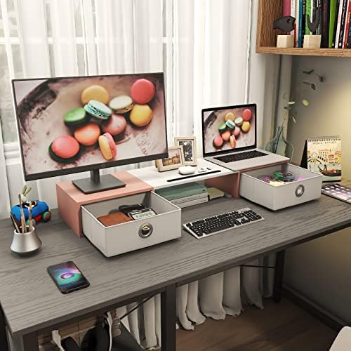 WESTREE Dual Monitor Stand Riser with Two Drawers, Extra Large Storage Monitor Stand for 2 Monitors, Desktop Oraganizer 