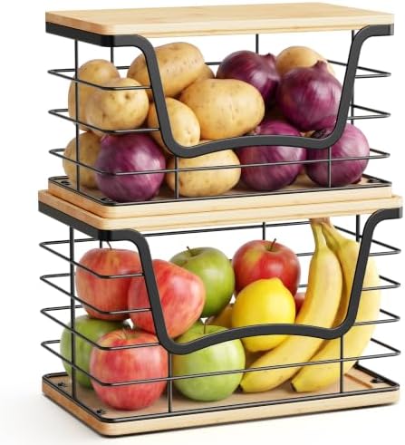ALOCEO 2 Pack Large Trash Bag Holder for 13/30/33 Gallon Bags, Potato and Onion Storage Baskets with Bamboo Lid, Stainle