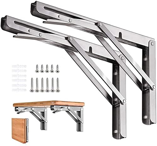 Folding Shelf Brackets Stainless Steel 16 inch 2 Pcs Max Load: 350 lb - Heavy Duty DIY Wall Mounted Collapsible Shelf Br