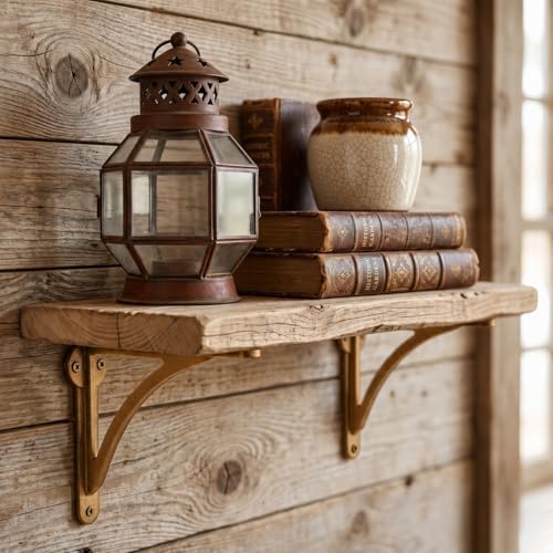 Khtumeware 100% Solid Brass Decorative Shelf Brackets, 6-inch Wall-Mounted Shelving Brackets, 2-Pack Antique Brass Vinta
