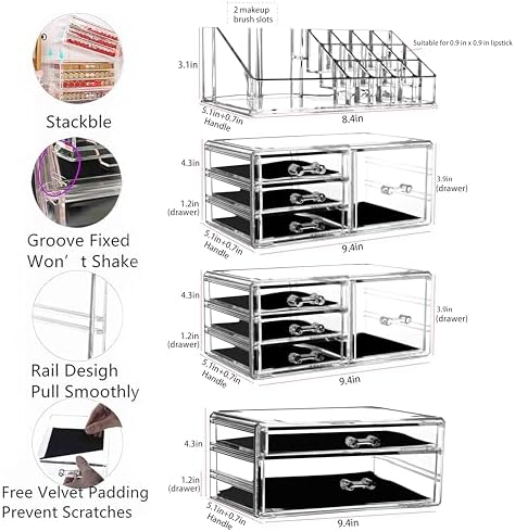 Cq Acrylic 4 Pack Clear Makeup Storage, Stackable 10 Drawer Organizer for Vanity, Jewelry, Hair Clip, Beauty & Skincare 