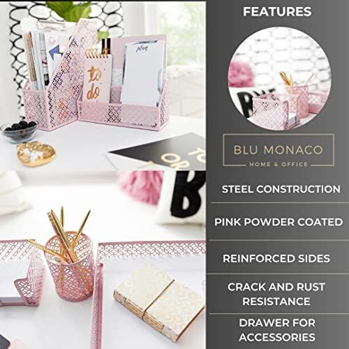 BLU MONACO Pink Desk Organizer Set | 6-Piece Metal Desktop Accessories | Mail Sorter Organizer Countertop | Letter Sorter for Desk | Mesh Pen Holder | Home Office or Dorm