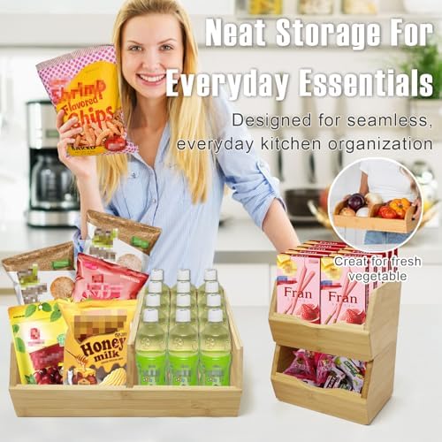 MinBoo Bamboo Stackable Pantry Storage Bins Potato and Onion Storage,Fruit Basket for Pantry Organization,Fruit Bowl for