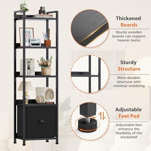 OLIXIS 5 Tier Bookshelf with Fabric Drawer, Tall Narrow Bookcase with Shelf