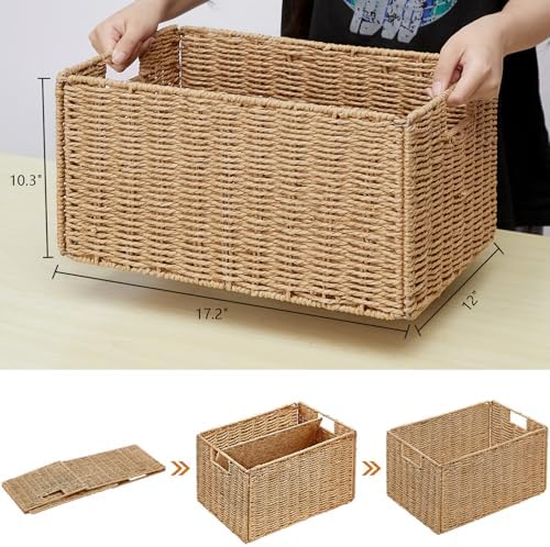 Vagusicc Wicker Storage Basket, Set of 2 Hand-Woven Paper Rope Wicker Basket, Small Storage Baskets for Organizing Toile