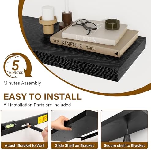 Black Floating Shelves for Wall, 20"L Bathroom Shelf, 8" Deep Wall Shelf