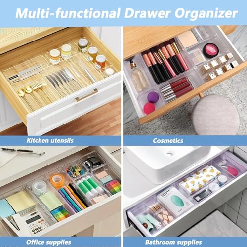 15 PCS Clear Drawer Organizer Set, 4 Sizes Desk Drawer Storage Bins, Divider Trays for Makeup, Vanity, Bathroom, Kitchen, Office