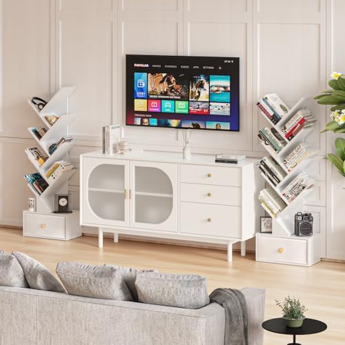 SHEEPAM 8-Tier Tree Bookshelf Floor Standing Storage Bookcase with Drawer