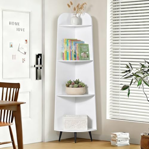 VECELO 4-Tier Curved Corner Shelf, 66.93" Tall Corner Bookshelf, White | Curved modern design, 4 open tiers, 66.93" tall