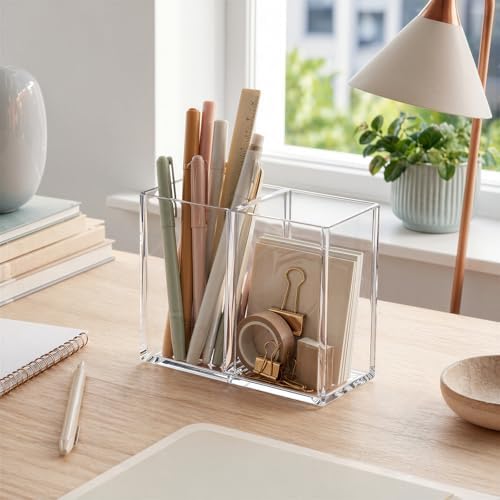 Gejoy 20 Pcs Acrylic Pencil Pen Holder for Desk, Clear 2 Compartment
