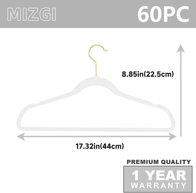 MIZGI Premium Velvet Hangers Pack 60 Pcs Heavyduty - Non Slip Slimline - Velvet Suit Hangers White - Gold Hooks,Space Saving Clothes Hangers