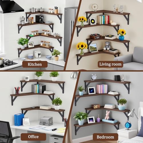 Corner Floating Shelves Set of 5, Rustic Wood Shelves, Dark Brown