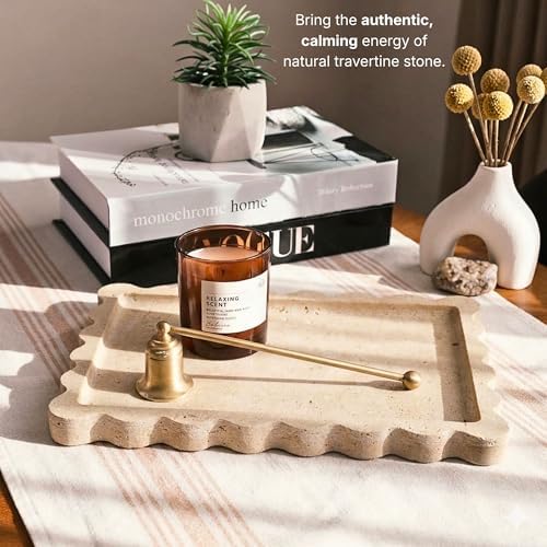 Scalloped Travertine Tray, Elegant Decorative Natural Marble Tray for Vanity, Bathroom, Kitchen and Home Decor, Pure Nat