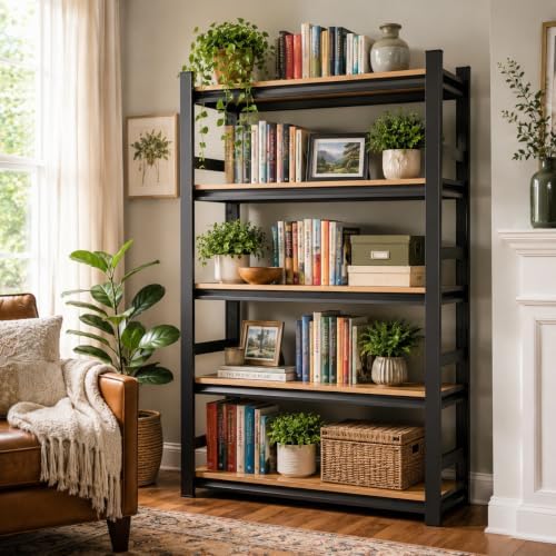 Metal Bookshelf, 5 Tier Adjustable Bookcase with MDF Shelf and Guard Rails