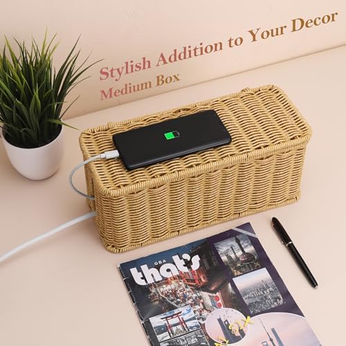 ZhiYo Rattan Cable Management Box, Brown Cord Organizer, 13.5" x 6.2" x 6"