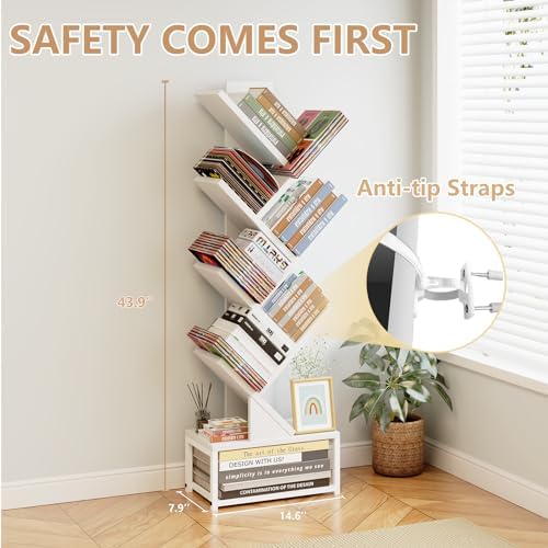 EasyCom Tree Bookshelf Metal Base, 7 Tier Bookcase Storage, Floor Standing Bookshelf Organizer for CDs/Books, Bookshelve