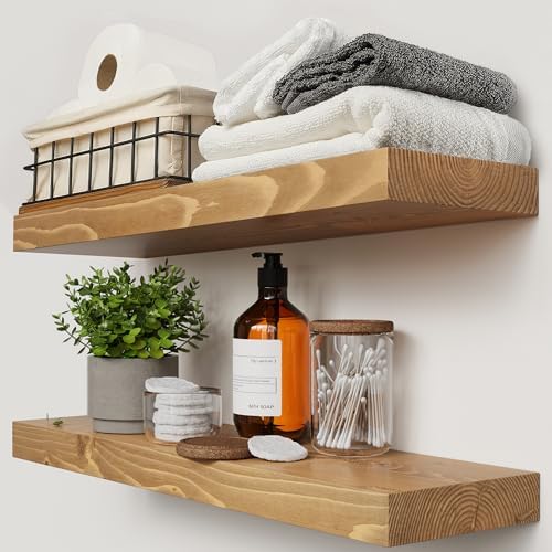 Natural Wood Floating Shelves for Wall 24 inch Oak, Wooden Bathroom Shelf
