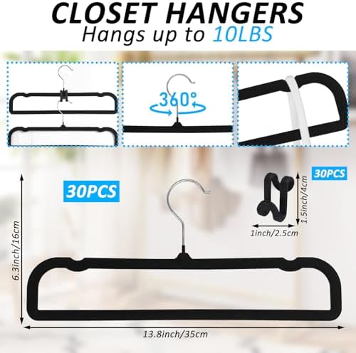 Pants Hangers Non Slip, 30 Pack Velvet Hanger for Closet with 30 Hooks, Strong Durable Space Saving Slim Pants Hanger, Ultra Thin & Space Saving Flocked Hangers for Pants/Shirts/Shorts/Bra (Black)