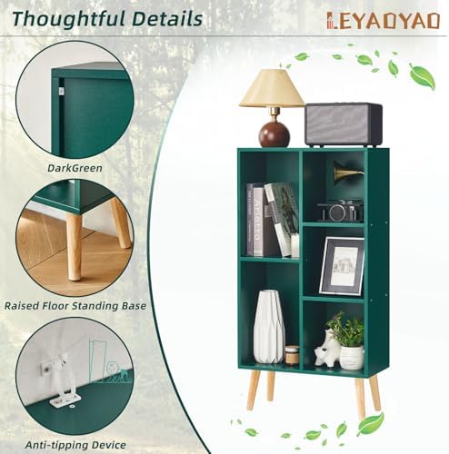 LEYAOYAO 5 Cube Bookshelf,Mid-Century Modern Bookcase with Legs,Dark Green