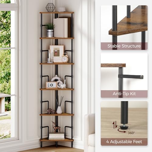 MAHANCRIS 6-Tier Corner Shelf, 65" Tall Corner Bookshelf with Metal Frame, Narrow Display Shelf Stand, Industrial Corner
