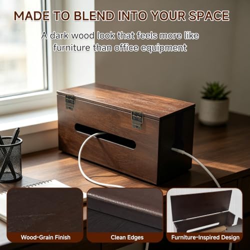 Cable Management Box with Storage Drawer, Wooden Cord Organizer Box