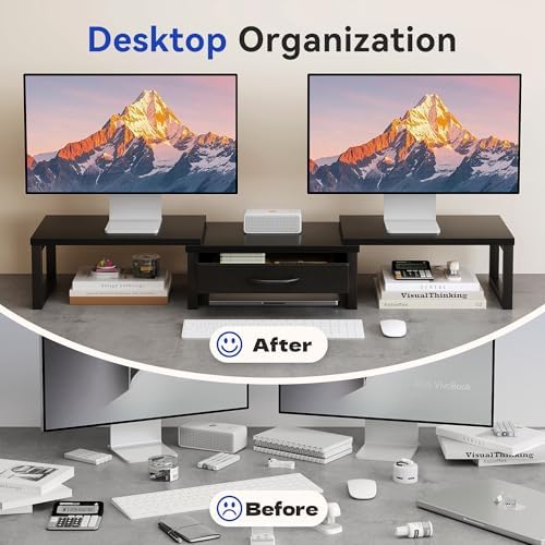 Dual Monitor Stand Riser, Desk Organizers and Accessories with Drawer, Computer Monitor Stands for Desk, Adjustable Desk