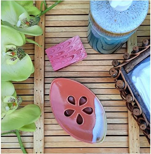Ceramic Soap Dish with Self Draining Tray for Bathroom, Kitchen (Pastel Red), 6.25 x 3.75 x 1 inches (LxWxH) (1111)