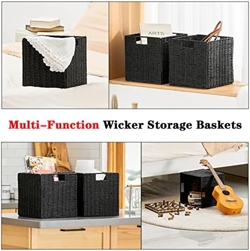 Vagusicc Wicker Storage Basket, Set of 2 Hand-Woven Wicker Basket, Foldable Cube Storage Bin, Black Storage Basket, Squa