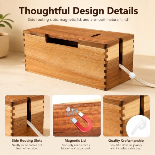 Acacia Wood Cable Management Box,Office Under Desk Cable Storage Box for Wire, Cord Hider Organizer for Power Strip, Ele
