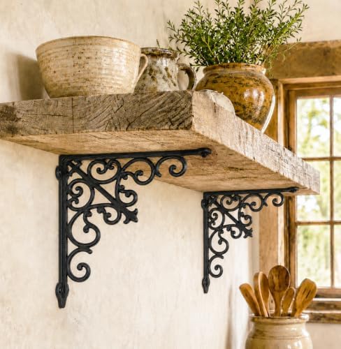 NACH Decorative Shelf Brackets, 2 Pack of 10.6 x 2 x 10.6 inch, Black Cast Iron Wall Shelf Brackets - Decorative Bookshe