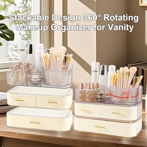 DASITON Makeup Organizer with Drawers and Rotating Makeup Brush Holder,Large Capacity Stackable Cosmetic Organizer Count