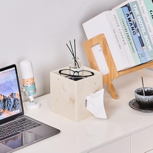 Beige Marble Look Square Tissue Box Cover with Storage Tray for Bathroom