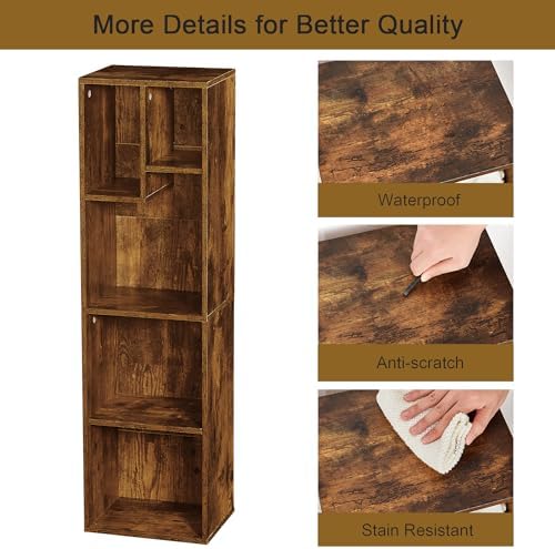 VECELO 4-Tier Bookcase, Modern Storage Cabinet with Height Difference Shelves for Standard Textbooks, 5 Cubes, Vertical 